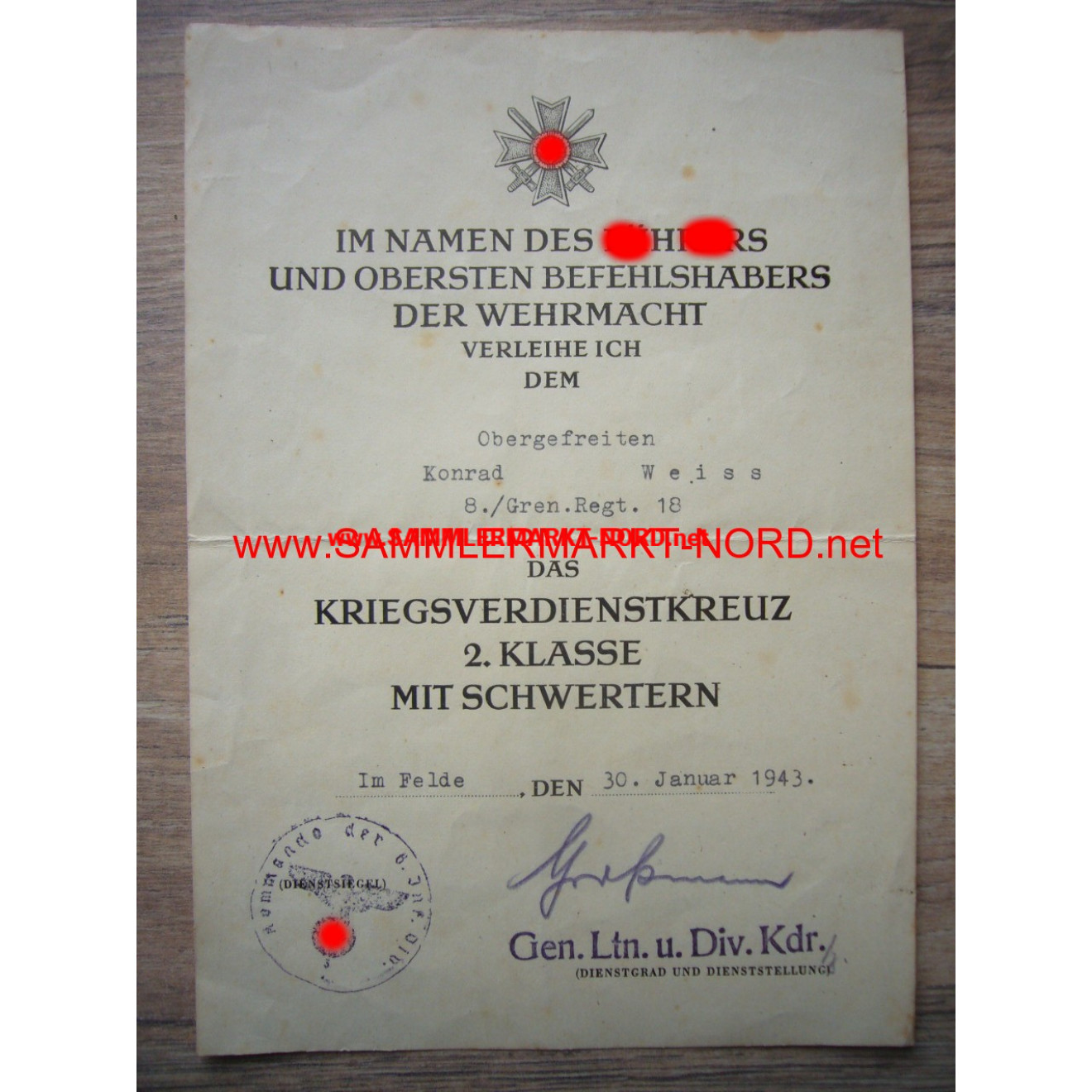 KVK Urkunde 6.I.D. - Generalleutnant HORST GROßMANN - Autograph