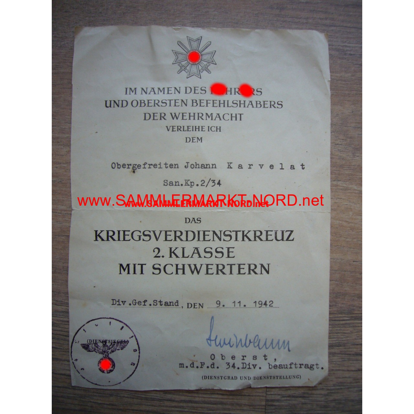 KVK certificate - Colonel FRIEDRICH HOCHBAUM - autograph
