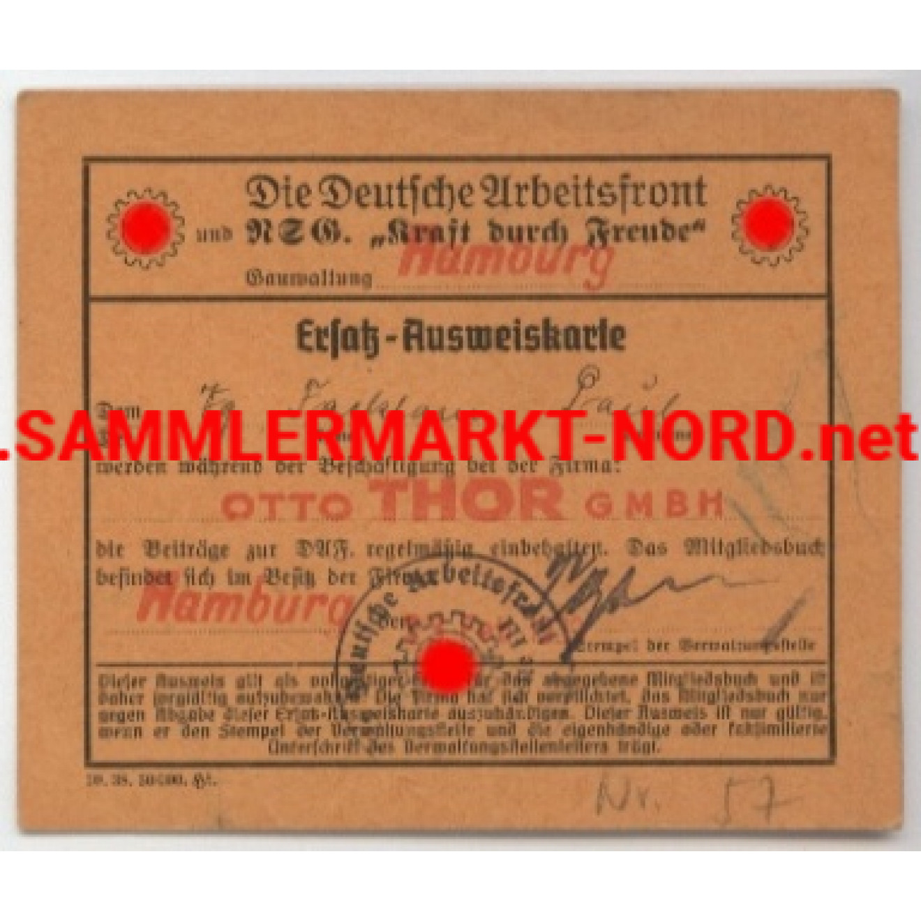 Ersatz Ausweiskarte der deutschen Arbeitsfront