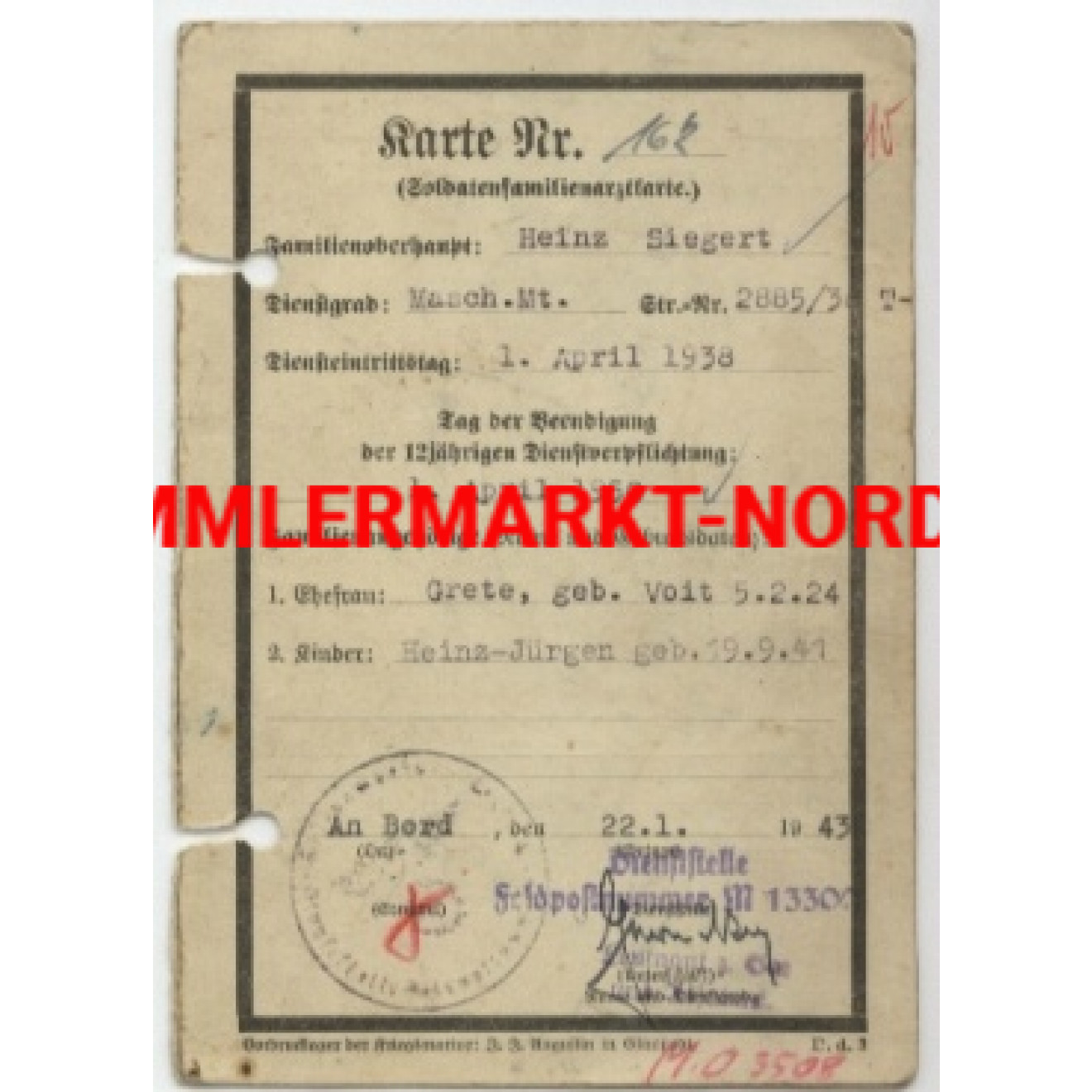 Soldiers familen physician card of the 3. Training department fo