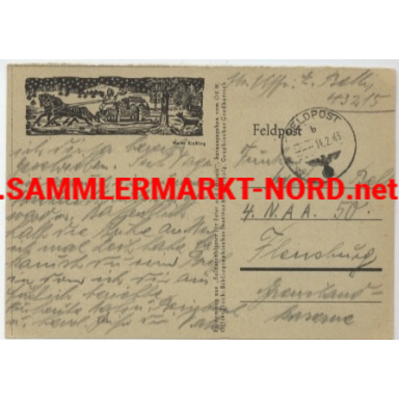 Army postal service card with illustration of a soldier with hor