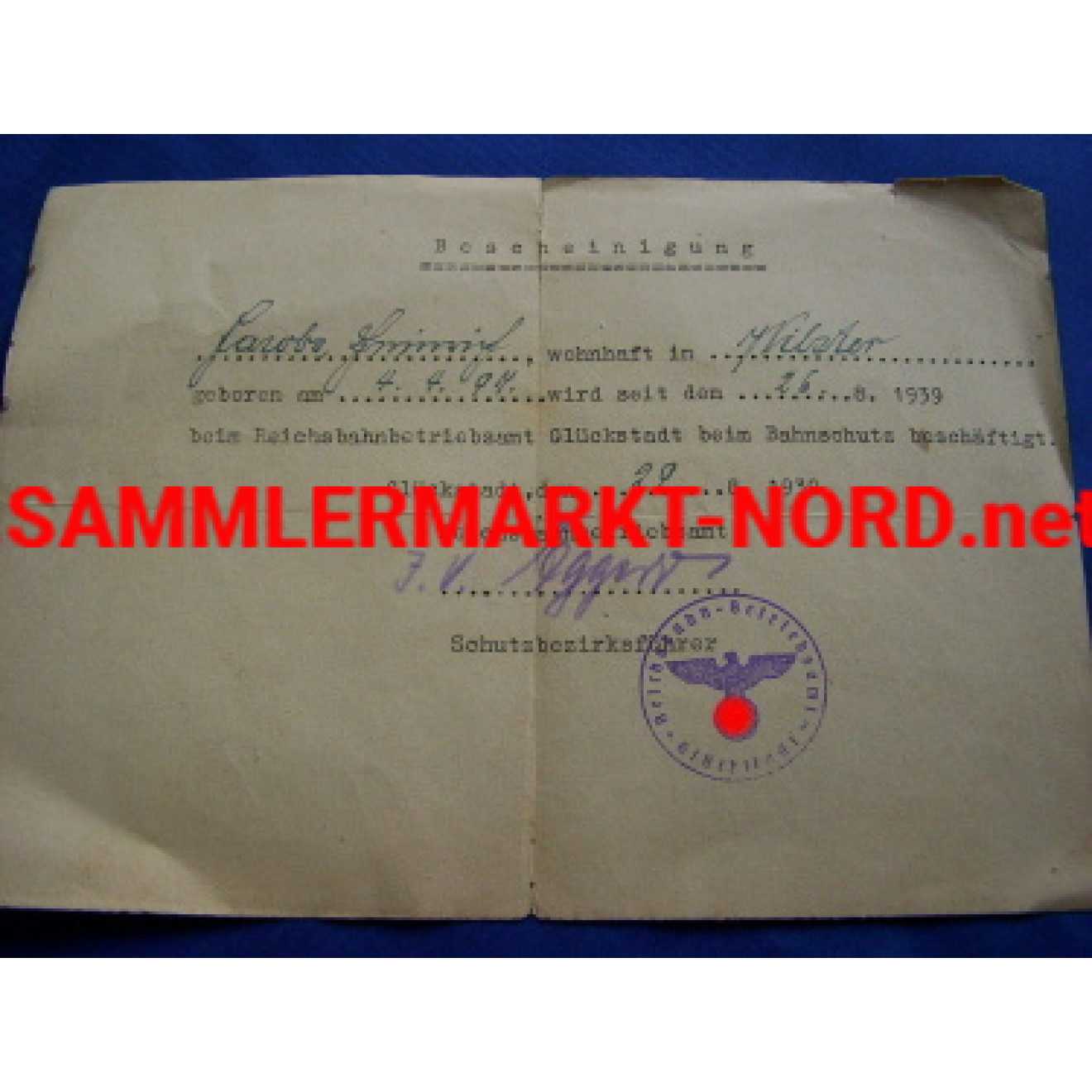 Document of identification over the Bahnschutz in Glückstadt