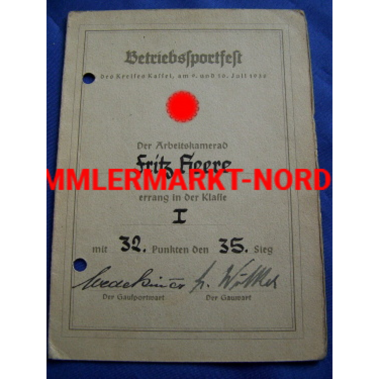 Urkunde für das Betriebssportfest des Kreises Kassel 1938