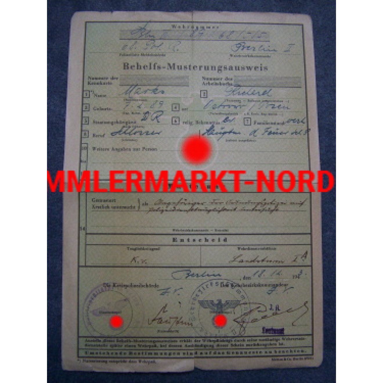Auxiliary examination document of identification Berlin 1943