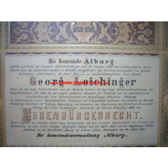 Ehrenbürgerrecht Urkunde - Alburg, Bayern 1893