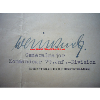 EK Urkunde 79. I.D. - Generalmajor FRIEDRICH AUGUST WEINKNECHT - Autograph