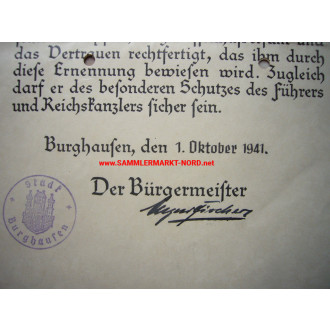 Ernennungsurkunde - Stadt Burghausen - Autograph Bürgermeister AUGUST FISCHER