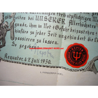 Reichsmarine - Urkunde Äquatortaufe 1930 - Kreuzer "Karlsruhe"