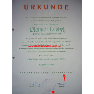 DDR - Stalinstadt - Urkunde für 1 jähriges Kind 1959