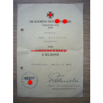 EK certificate 106. I.D. - Colonel SIEGFRIED VON REKOWSKI - autograph