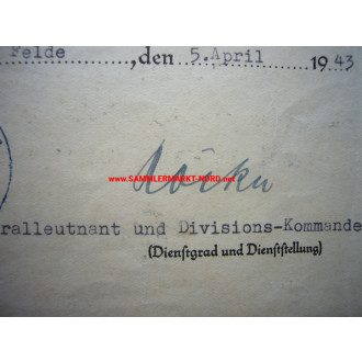 EK Urkunde 258. I.D. - Generalleutnant HANSKURT HÖCKER - Autograph