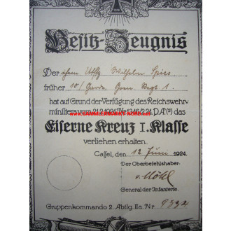 Certificate Iron Cross 1. Class - General ARNOLD VON MÖHL - Autograph