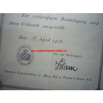 1st Bavarian Army Corps - Iron Cross 2nd Class - Certificate