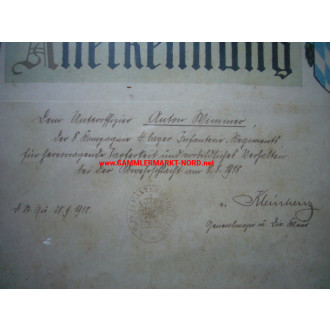14. Bavarian Infantry Division - Certificate of Appreciation for Bravery 1918