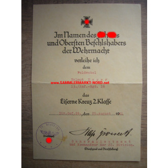 Certificate EK - Lieutenant General HANS GRAF VON SPONECK (resistance July 20, 1944) - autograph