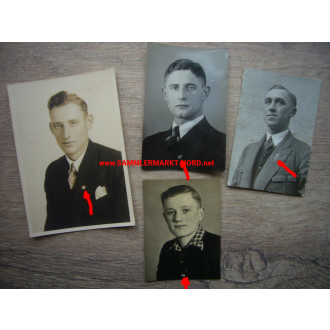 4 x Foto junge Männer mit Kleinabzeichen HJ, NSBO, DRA, usw.