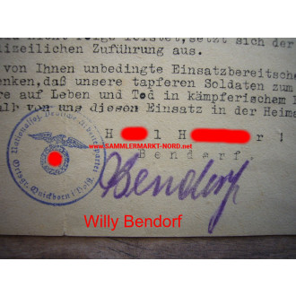 Einberufung zum Notdienst - NSDAP Quickborn - Ortsgruppenleiter WILLY BENDORF