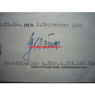 KVK certificate - 305. Infantry Div. - Major General FRIEDRICH W. HAUCK - Autograph