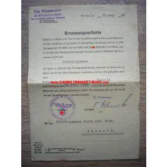 Detmold fire brigade - certificate of appointment to Obertruppmann