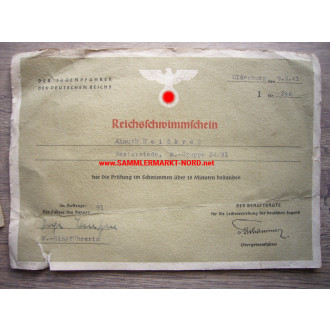 BDM swimming license & certificate Reichssportwettkampf 1944