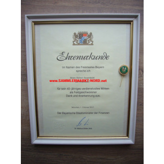 Free State of Bavaria - certificate of honor for field jury members & golden badge of honour