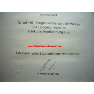 Free State of Bavaria - certificate of honor for field jury members & golden badge of honour
