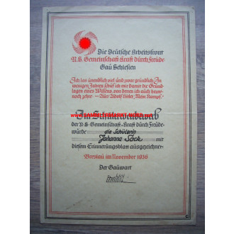 NS Gemeinschaft KdF, Gau Schlesien - Erinnerungsblatt zum Schülerwettbewerb 1936