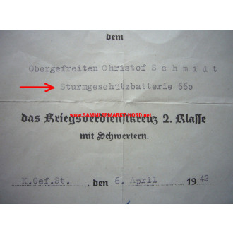 KVK Certificate - Sturmgeschützbatterie 660 - General of the Armored Troops FERDINAND SCHAAL (Resistance July 20, 1944) - Autograph