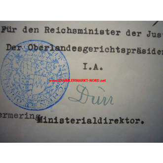 Urkunde - Präsident des Oberlandesgericht München ALFRED DÜRR - Autograph
