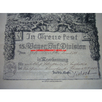 15th Bavarian Infantry Division - Certificate of Appreciation for Bravery 1918