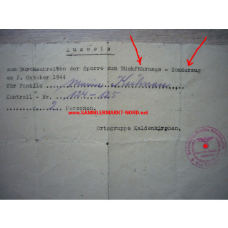 NSDAP Local Group Kaldenkirchen 1944 - ID card for special repatriation train etc.