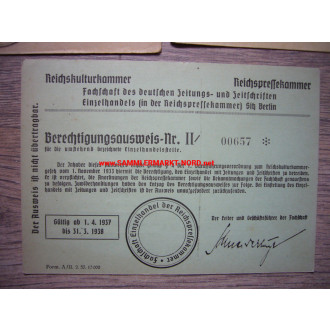 3 x Reichskulturkammer - Berechtigungsausweis für Einzelhandelsstelle