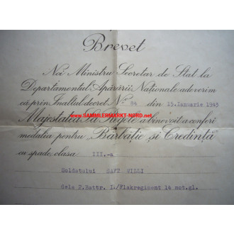 Luftwaffe Flak - Romanian Certificate for Medal "For Manliness and Loyalty"