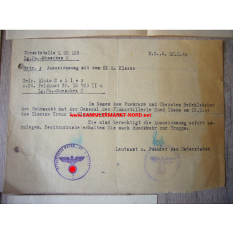 Luftwaffe Urkundengruppe ALOIS SAILER - Italien Monte Cassino - Flak-Rgt. 241