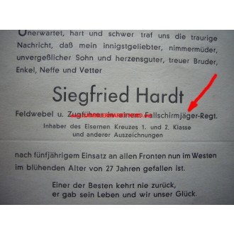 Obituary - Paratrooper Siegfried Hardt - October 1944