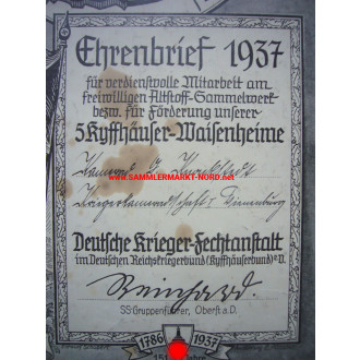 Kyffhäuser Bund - Ehrenbrief 1937 - Deutsche Krieger-Fechtanstalt