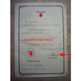 Luftwaffe - Certificate of Appointment - Major General HELLMUTH FELMY - Autograph