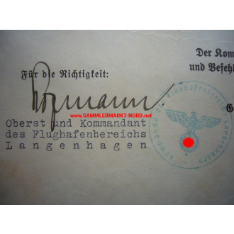 Luftwaffe - Urkunde Medaille 1. Oktober 1938 - Oberst HANS HOFMANN - Autograph