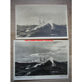 2 x Kriegsmarine - battleship Gneisenau on the high seas - postcard