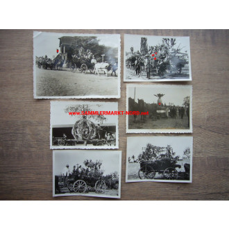 6 x Foto Umzug zum Erntedankfest - Wagen mit Hakenkreuzfahnen