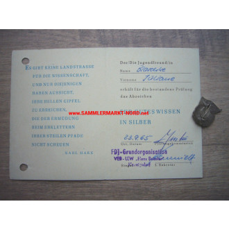 DDR - FDJ - Certificate & Badge for Good Knowledge in Silver - 1965