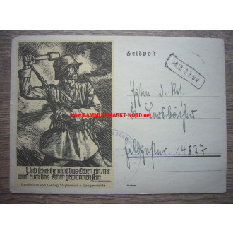 Field postcard 1942 - Soldier with steel helmet and hand grenade