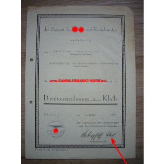 Urkunde Dienstauszeichnung - Generaloberst HEINRICH VON VIETINGHOFF-SCHEEL - Autograph