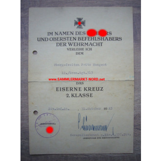 Certificate Iron Cross - Lieutenant General OTTO SCHÜNEMANN (337th I.D.) - Autograph
