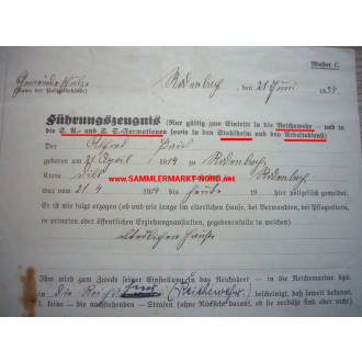 Certificate of good conduct for Reichswehr, SA, SS, RAD & Stahlhelm Bund