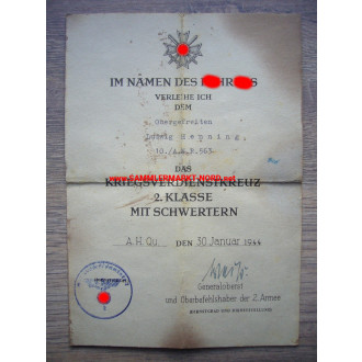 KVK Urkunde - 2. Armee - Generaloberst WALTER WEIß - Autograph