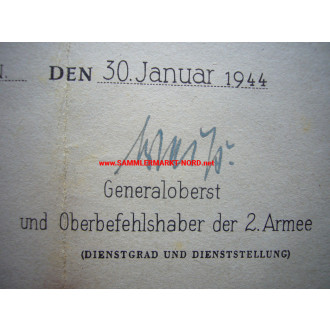 KVK Urkunde - 2. Armee - Generaloberst WALTER WEIß - Autograph