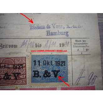 Blohm & Voss Schiffswerft, Hamburg - Steuerkarte / Ausweis 1920