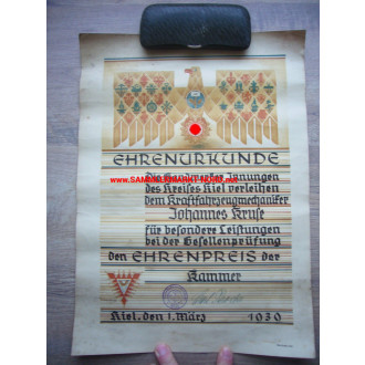 Certificate of honour for the honorary award of the Reichshandwerkerschaft Kiel 1939