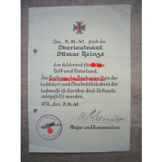 Luftwaffe - Heldentod Urkunde - Major HANNS GÜNTHER VON OBERNITZ - Autograph